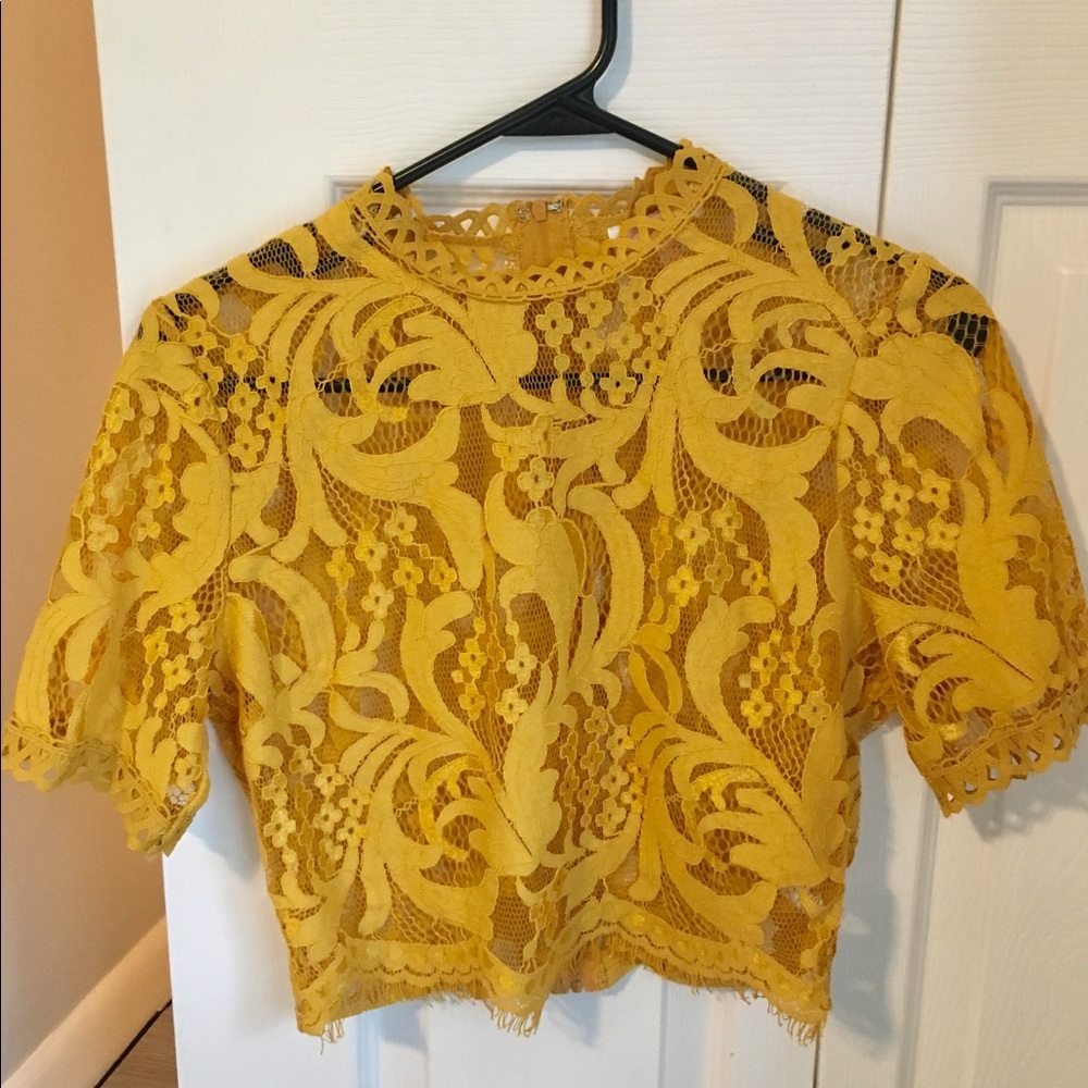 Scalloped mustard color lace shirt
